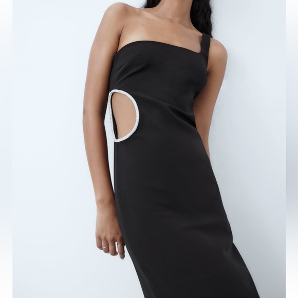 Zara NWT black one shoulder rhinestone side cutout detail midi dress - Picture 3 of 9